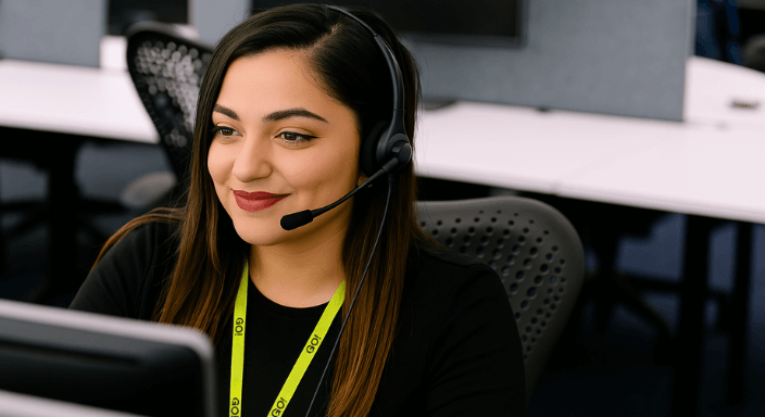 Customer support representative with a headset